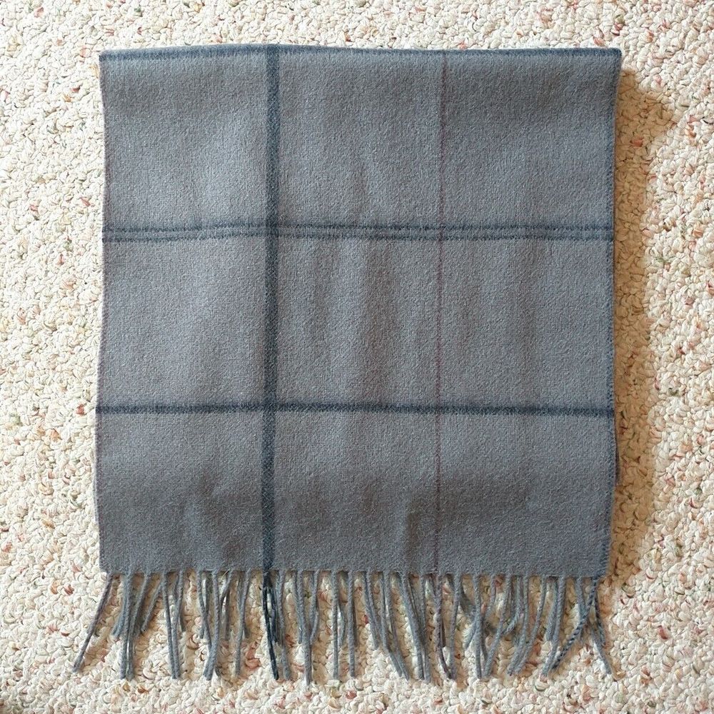 Nordstrom Scarf Unisex OS Gray Window Pane Wool Cashmere Fringe 12x68" Luxury